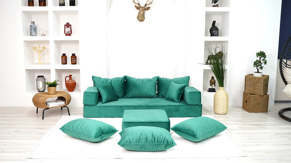 8" Thickness Emerald Green Floor Seating, Sectional Sofa, Velvet Sofa Sets, Meditation Sofa, Custom Cushion, Floor Couches