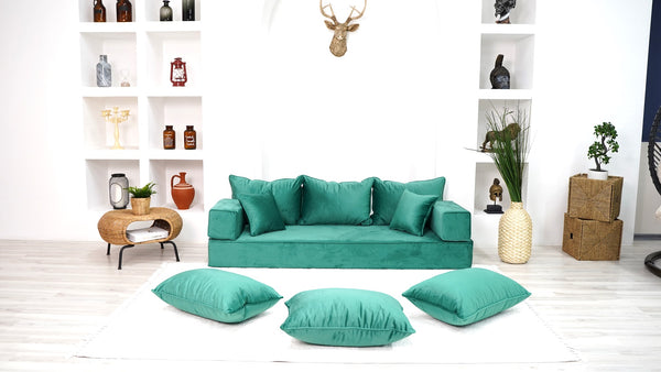 8" Thickness Emerald Green Floor Seating, Sectional Sofa, Velvet Sofa Sets, Meditation Sofa, Custom Cushion, Floor Couches