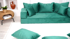 8" Thickness Emerald Green Floor Seating, Sectional Sofa, Velvet Sofa Sets, Meditation Sofa, Custom Cushion, Floor Couches