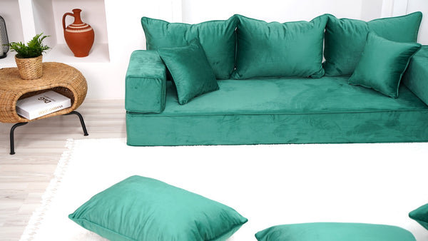 8" Thickness Emerald Green Floor Seating, Sectional Sofa, Velvet Sofa Sets, Meditation Sofa, Custom Cushion, Floor Couches