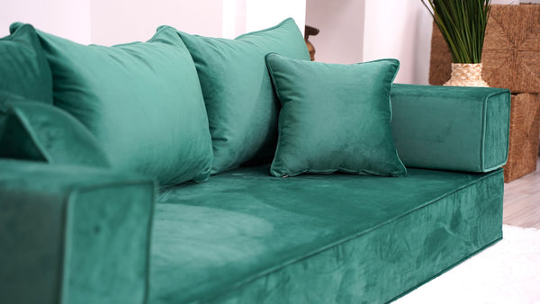 8" Thickness Velvet Emerald Green Floor Seating, Sectional Sofa, Floor Sofa, Meditation Sofa, Custom Cushion, Velvet Sofa Sets, Floor Couches