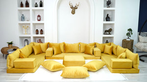 Yellow Color Velvet U Shaped Floor Seating, Arabic Floor Sofa, Velvet Floor Couch, Sectional Sofa, Moroccan Livingroom - Arabic Sofa