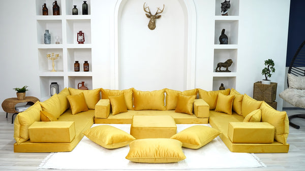 Yellow Color Velvet U Shaped Floor Seating, Arabic Floor Sofa, Velvet Floor Couch, Sectional Sofa, Moroccan Livingroom - Arabic Sofa
