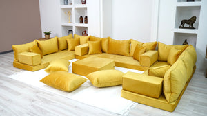 Yellow Color Velvet U Shaped Floor Seating, Arabic Floor Sofa, Velvet Floor Couch, Sectional Sofa, Moroccan Livingroom - Arabic Sofa
