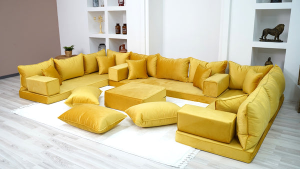 Yellow Color Velvet U Shaped Floor Seating, Arabic Floor Sofa, Velvet Floor Couch, Sectional Sofa, Moroccan Livingroom - Arabic Sofa