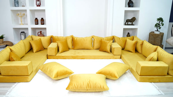 Yellow Color Velvet U Shaped Floor Seating, Arabic Floor Sofa, Velvet Floor Couch, Sectional Sofa, Moroccan Livingroom - Arabic Sofa