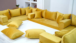 Yellow Color Velvet U Shaped Floor Seating, Arabic Floor Sofa, Velvet Floor Couch, Sectional Sofa, Moroccan Livingroom - Arabic Sofa