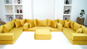 Yellow Color Velvet U Shaped Floor Seating, Arabic Floor Sofa, Velvet Floor Couch, Sectional Sofa, Moroccan Livingroom - Arabic Sofa