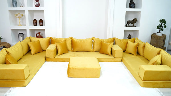 Yellow Color Velvet U Shaped Floor Seating, Arabic Floor Sofa, Velvet Floor Couch, Sectional Sofa, Moroccan Livingroom - Arabic Sofa