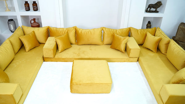 Yellow Color Velvet U Shaped Floor Seating, Arabic Floor Sofa, Velvet Floor Couch, Sectional Sofa, Moroccan Livingroom - Arabic Sofa