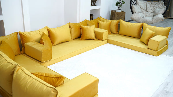 Yellow Color Velvet U Shaped Floor Seating, Arabic Floor Sofa, Velvet Floor Couch, Sectional Sofa, Moroccan Livingroom - Arabic Sofa