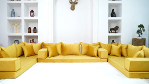 Yellow Color Velvet U Shaped Floor Seating, Arabic Floor Sofa, Velvet Floor Couch, Sectional Sofa, Moroccan Livingroom - Arabic Sofa