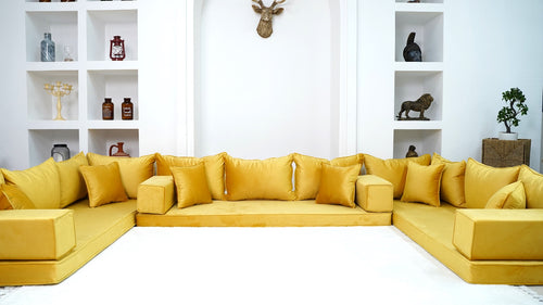 Yellow Color Velvet U Shaped Floor Seating, Arabic Floor Sofa, Velvet Floor Couch, Sectional Sofa, Moroccan Livingroom - Arabic Sofa