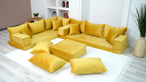 Custom Size Cushions, L Shaped Velvet Yellow Color Floor Seating, Velvet Floor Couch, Japanese Sofa, Pallet Sofa, Moroccan Decor - Arabic Sofa