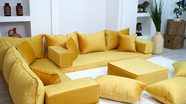 Custom Size Cushions, L Shaped Velvet Yellow Color Floor Seating, Velvet Floor Couch, Japanese Sofa, Pallet Sofa, Moroccan Decor - Arabic Sofa