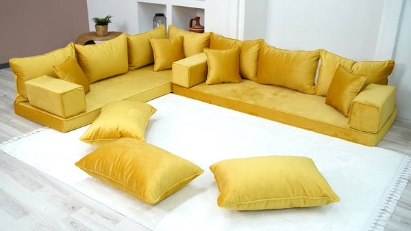 Custom Size Cushions, L Shaped Velvet Yellow Color Floor Seating, Velvet Floor Couch, Japanese Sofa, Pallet Sofa, Moroccan Decor - Arabic Sofa