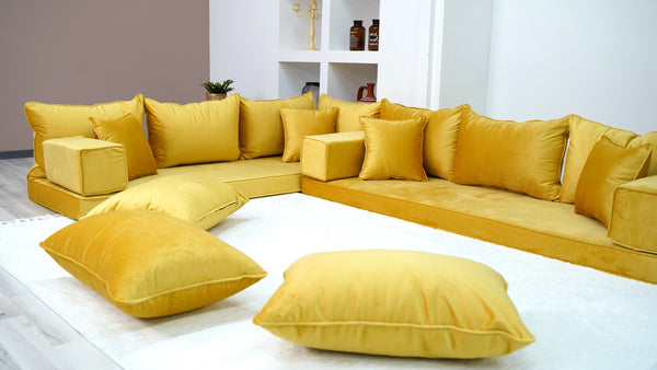 Custom Size Cushions, L Shaped Velvet Yellow Color Floor Seating, Velvet Floor Couch, Japanese Sofa, Pallet Sofa, Moroccan Decor - Arabic Sofa