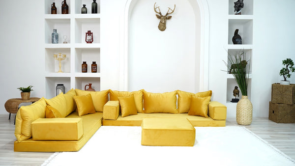 Custom Size Cushions, L Shaped Velvet Yellow Color Floor Seating, Velvet Floor Couch, Japanese Sofa, Pallet Sofa, Moroccan Decor - Arabic Sofa