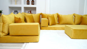 Custom Size Cushions, L Shaped Velvet Yellow Color Floor Seating, Velvet Floor Couch, Japanese Sofa, Pallet Sofa, Moroccan Decor - Arabic Sofa