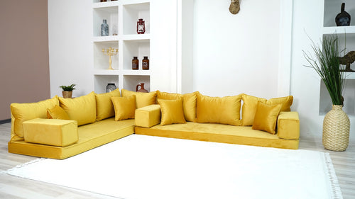 Custom Size Cushions, L Shaped Velvet Yellow Color Floor Seating, Velvet Floor Couch, Japanese Sofa, Pallet Sofa, Moroccan Decor - Arabic Sofa