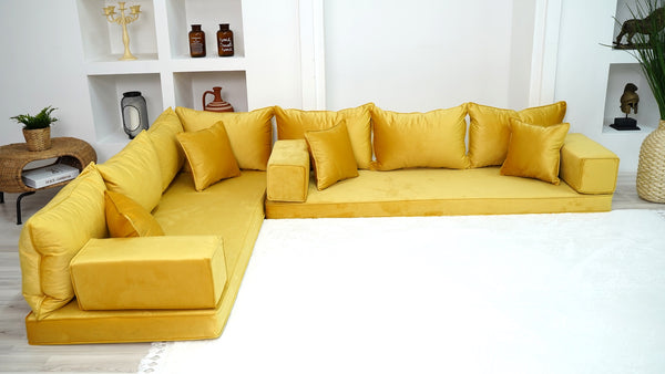 Custom Size Cushions, L Shaped Velvet Yellow Color Floor Seating, Velvet Floor Couch, Japanese Sofa, Pallet Sofa, Moroccan Decor - Arabic Sofa