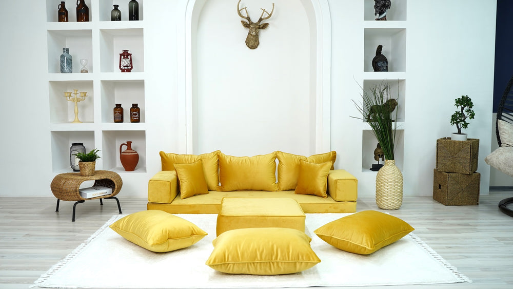 Yellow Color Velvet Floor Seating, Floor Sofa with Ottoman Couch and Rug, Velvet Floor Couch, Floor Cushion, Sectional Sofa, French Cushion - Arabic Sofa
