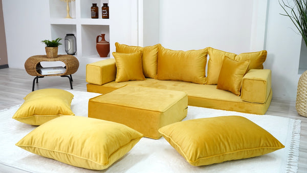 Yellow Color Velvet Floor Seating, Floor Sofa with Ottoman Couch and Rug, Velvet Floor Couch, Floor Cushion, Sectional Sofa, French Cushion - Arabic Sofa
