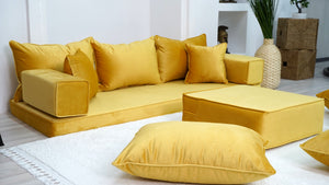 Yellow Color Velvet Floor Seating, Floor Sofa with Ottoman Couch and Rug, Velvet Floor Couch, Floor Cushion, Sectional Sofa, French Cushion - Arabic Sofa