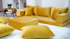 Yellow Color Velvet Floor Seating, Floor Sofa with Ottoman Couch and Rug, Velvet Floor Couch, Floor Cushion, Sectional Sofa, French Cushion - Arabic Sofa