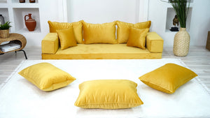Yellow Color Velvet Floor Seating, Floor Sofa with Ottoman Couch and Rug, Velvet Floor Couch, Floor Cushion, Sectional Sofa, French Cushion - Arabic Sofa