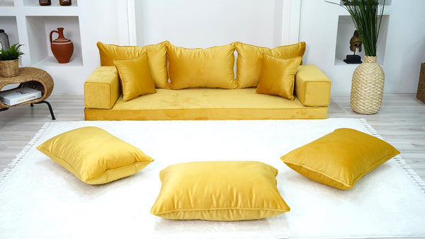 Yellow Color Velvet Floor Seating, Floor Sofa with Ottoman Couch and Rug, Velvet Floor Couch, Floor Cushion, Sectional Sofa, French Cushion - Arabic Sofa