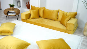 Yellow Color Velvet Floor Seating, Floor Sofa with Ottoman Couch and Rug, Velvet Floor Couch, Floor Cushion, Sectional Sofa, French Cushion - Arabic Sofa