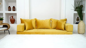 Yellow Color Velvet Floor Seating, Floor Sofa with Ottoman Couch and Rug, Velvet Floor Couch, Floor Cushion, Sectional Sofa, French Cushion - Arabic Sofa