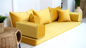 Yellow Color Velvet Floor Seating, Floor Sofa with Ottoman Couch and Rug, Velvet Floor Couch, Floor Cushion, Sectional Sofa, French Cushion - Arabic Sofa