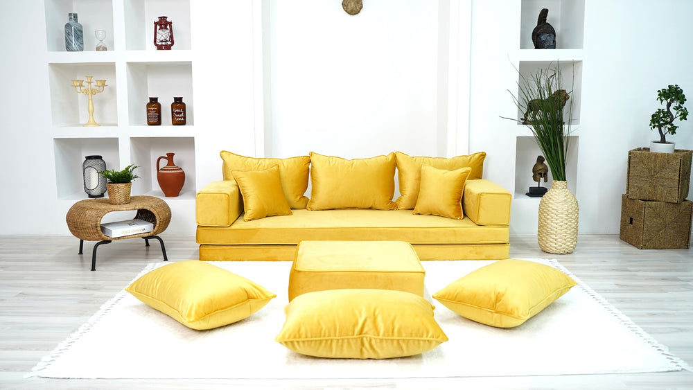 Yellow Color Velvet Floor Seating, Floor Sofa with Ottoman Couch and Rug, Velvet Floor Couch, Floor Cushion, Sectional Sofa, French Cushion, Futon Cushion, Window Seat - Arabic Sofa