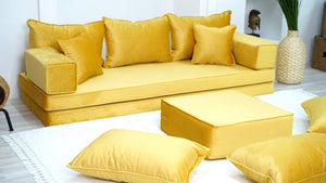 Yellow Color Velvet Floor Seating, Floor Sofa with Ottoman Couch and Rug, Velvet Floor Couch, Floor Cushion, Sectional Sofa, French Cushion, Futon Cushion, Window Seat - Arabic Sofa