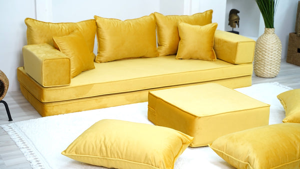 Yellow Color Velvet Floor Seating, Floor Sofa with Ottoman Couch and Rug, Velvet Floor Couch, Floor Cushion, Sectional Sofa, French Cushion, Futon Cushion, Window Seat - Arabic Sofa