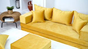 Yellow Color Velvet Floor Seating, Floor Sofa with Ottoman Couch and Rug, Velvet Floor Couch, Floor Cushion, Sectional Sofa, French Cushion, Futon Cushion, Window Seat - Arabic Sofa