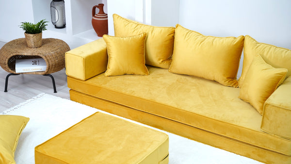 Yellow Color Velvet Floor Seating, Floor Sofa with Ottoman Couch and Rug, Velvet Floor Couch, Floor Cushion, Sectional Sofa, French Cushion, Futon Cushion, Window Seat - Arabic Sofa