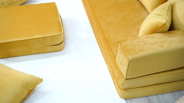 Yellow Color Velvet Floor Seating, Floor Sofa with Ottoman Couch and Rug, Velvet Floor Couch, Floor Cushion, Sectional Sofa, French Cushion, Futon Cushion, Window Seat - Arabic Sofa