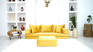 Yellow Color Velvet Floor Seating, Floor Sofa with Ottoman Couch and Rug, Velvet Floor Couch, Floor Cushion, Sectional Sofa, French Cushion, Futon Cushion, Window Seat - Arabic Sofa