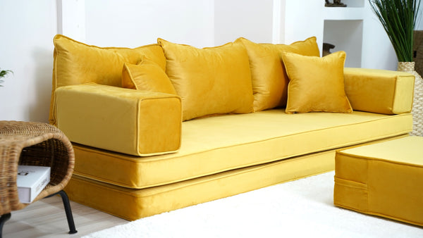Yellow Color Velvet Floor Seating, Floor Sofa with Ottoman Couch and Rug, Velvet Floor Couch, Floor Cushion, Sectional Sofa, French Cushion, Futon Cushion, Window Seat - Arabic Sofa