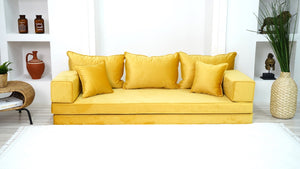 Yellow Color Velvet Floor Seating, Floor Sofa with Ottoman Couch and Rug, Velvet Floor Couch, Floor Cushion, Sectional Sofa, French Cushion, Futon Cushion, Window Seat - Arabic Sofa