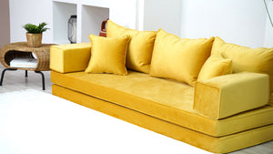 Yellow Color Velvet Floor Seating, Floor Sofa with Ottoman Couch and Rug, Velvet Floor Couch, Floor Cushion, Sectional Sofa, French Cushion, Futon Cushion, Window Seat - Arabic Sofa