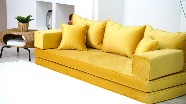 Yellow Color Velvet Floor Seating, Floor Sofa with Ottoman Couch and Rug, Velvet Floor Couch, Floor Cushion, Sectional Sofa, French Cushion, Futon Cushion, Window Seat - Arabic Sofa