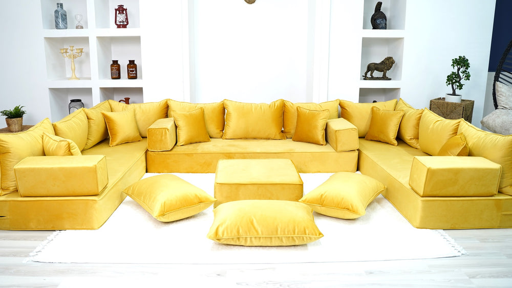 Yellow U Shaped Floor Seating Sofas, Luxury Velvet Floor Sofa, Moroccan Livingroom - Arabic Sofa