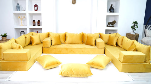 Yellow U Shaped Floor Seating Sofas, Luxury Velvet Floor Sofa, Moroccan Livingroom - Arabic Sofa