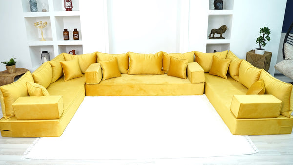 Yellow U Shaped Floor Seating Sofas, Luxury Velvet Floor Sofa, Moroccan Livingroom - Arabic Sofa