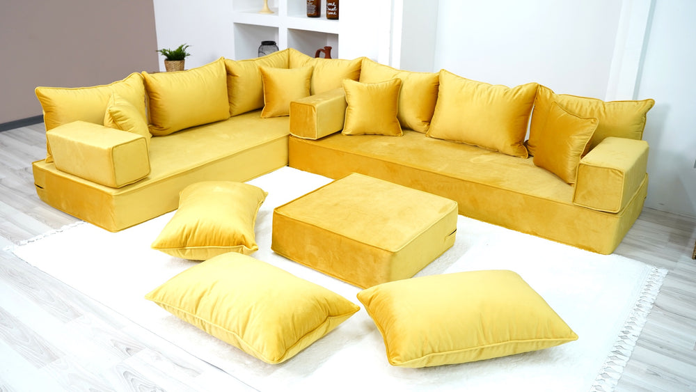L Shaped Yellow Floor Seating, Modern Livingroom Floor Couch, Sofa Cover, Toddler Sofa Bed, Corner Velvet Arabic Seating - Arabic Sofa