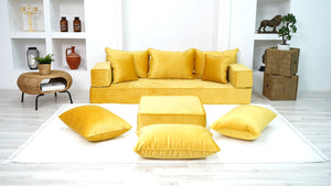 Yellow Floor Seating, Floor Sofa with Ottoman Couch and Rug, Velvet Floor Couch, Floor Cushion, Sectional Sofa, French Cushion, Futon Cushion, Window Seat - Arabic Sofa